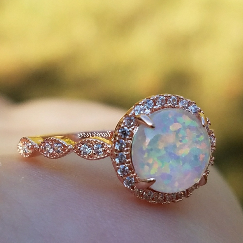 Rose Gold Round Opal Diamond Halo Milgrain Ring - Picture 5 of 7